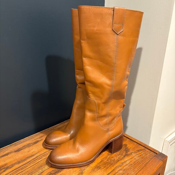 Zara Leather Knee High Block Heel Pull On Boots - Picture 14 of 15